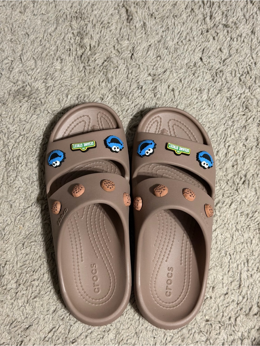 CROCS Brown two strap Sandals with Cookie Monster Charms Included